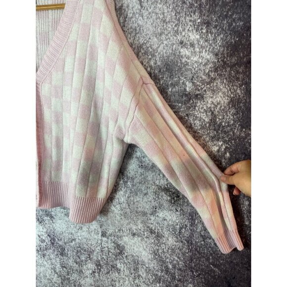 Just Polly Cardigan Sweater Womens S pink Knit Checked Oversized Preppy Coquette - Picture 5 of 11